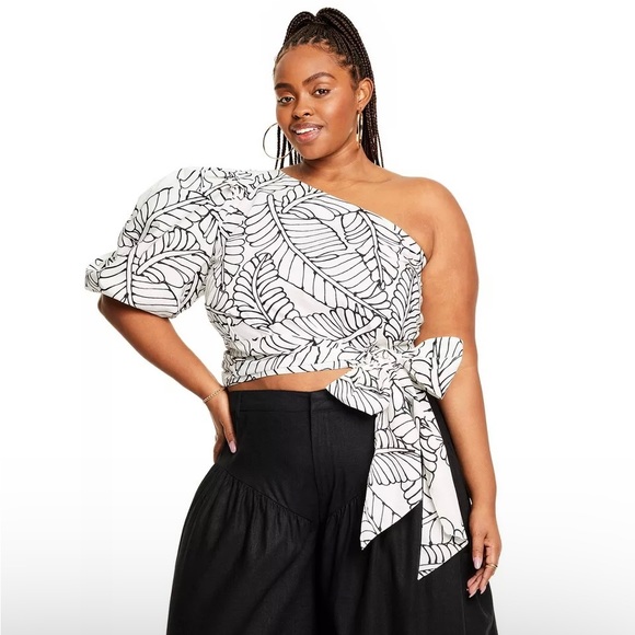 Sketch Palm Leaf Print Wrap Tie One Shoulder Top - Picture 2 of 16